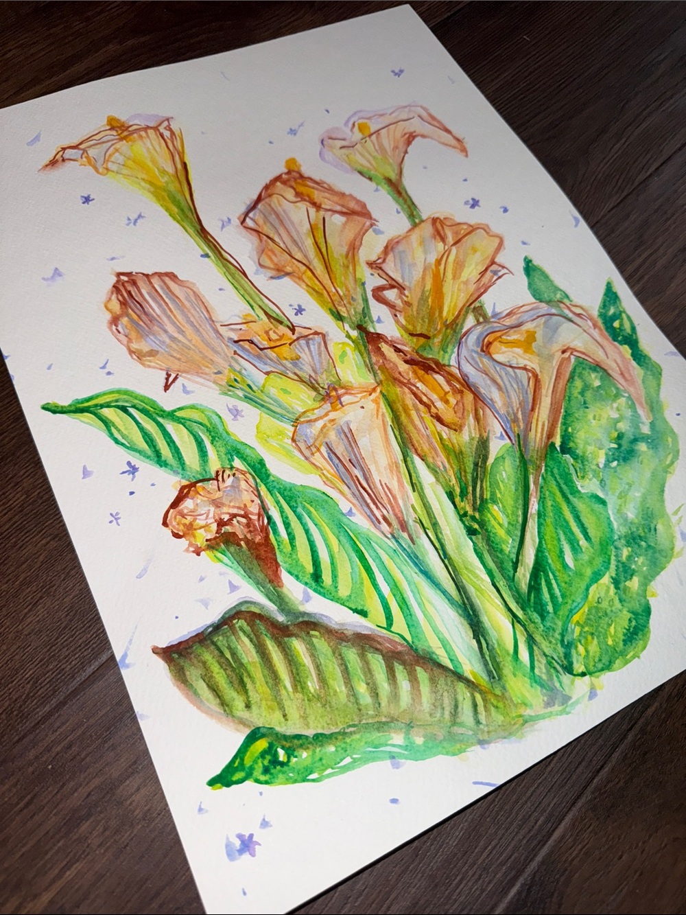 Original Watercolor Calla Lily Floral Art Print in Orange and Green